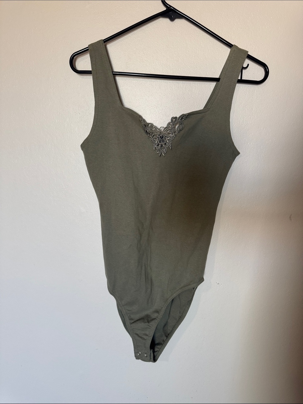 Olive Green Lace-Trim Tank Bodysuit